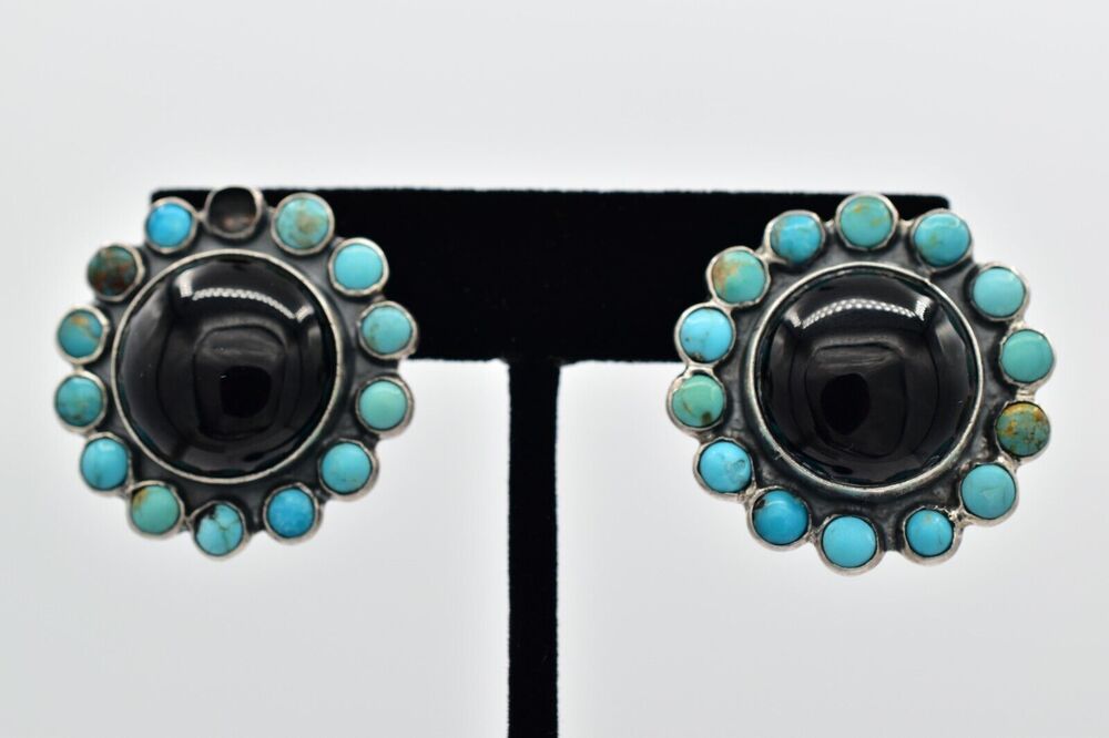 Fredrico Jimenez Clip On Earrings Turquoise Onyx 925 Silver Navajo Signed Bin7